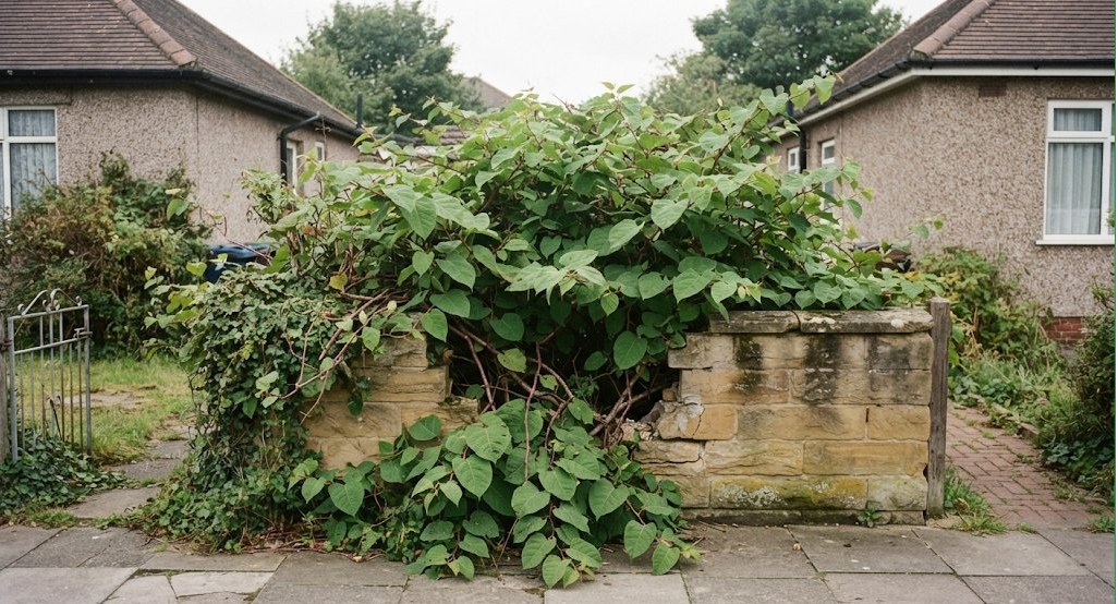 Japanese knotweed against a garden wall in Castlefields